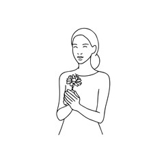 Black and white vector illustration of a beautiful woman holding a flower, minimal clean line art style
