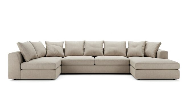 Beige Ushaped sectional sofa with square cushions on a white background