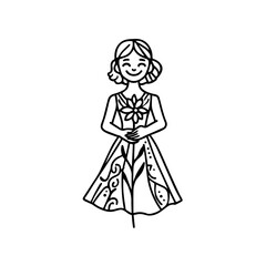 Black and white vector illustration of a beautiful woman holding a flower, minimal clean line art style
