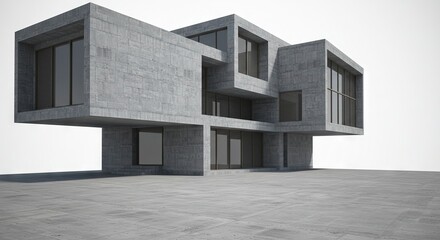 Concrete building featuring cantilevered sections with large windows on a concrete base against a bright background