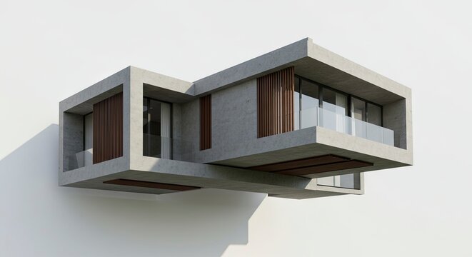 Concrete house with glass railings and wooden slats minimalistic architecture