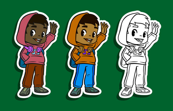 Boy in hoodie waving hello sticker illustration