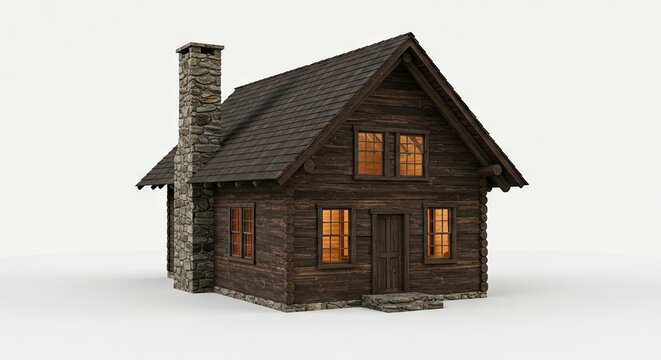 Cabin with stone chimney and dark shingles illuminated windows frontfacing view - Powered by Adobe