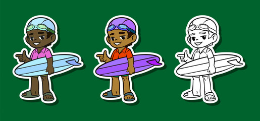Boy surfer carrying surfboard sticker illustration
