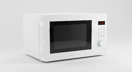 Obraz premium White microwave with a dark window digital display at 1005 and knob controls on a light background