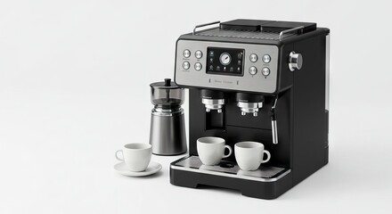 Espresso machine brews coffee into cups near a grinder in a studio setting