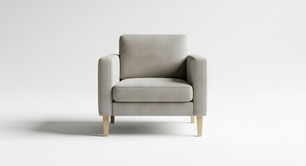 Fototapeta premium Frontal studio shot of a gray textured armchair with light wood legs on a white background with soft shadows