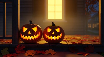 Two jackolanterns glow on a leafstrewn porch beneath a softly lit window