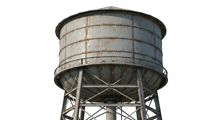 An elevated riveted metal water tower with a cylindrical tank atop a braced structural support system