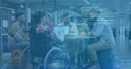 Five colleagues tapping tablet, forming rotating globe with code for business data visualization - Powered by Adobe