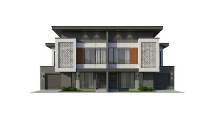 Modern duplex with grey facade geometric screens frontfacing garages  minimal landscaping