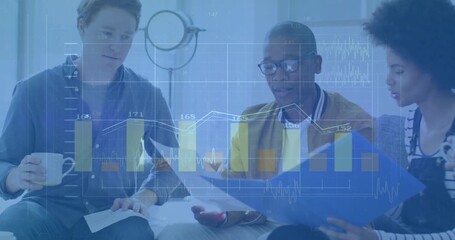 Colleague unfolding data sheet and animating bars displaying finance metrics while fourth joining - Powered by Adobe