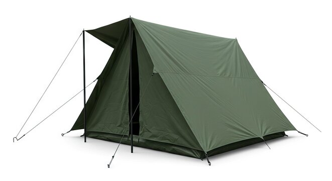 An olivegreen tent pitched on a white background with poles and tiedown ropes visible
