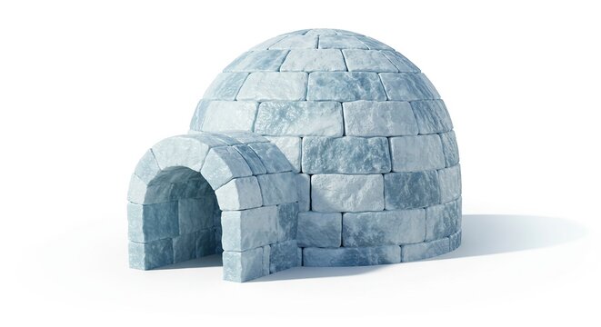 An igloo made of bluishgray bricks stands against a white background casting a shadow