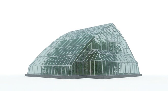 Greenhouse glass structure with greenery inside set against a white backdrop - Powered by Adobe
