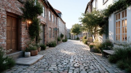 Cobblestone Street in European Village with Brick Buildings and Greenery in Sunlight