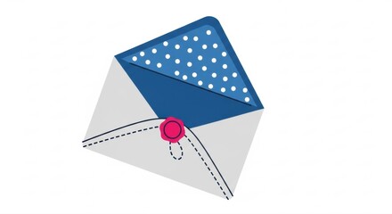 Fototapeta premium An open envelope with a blue polka dot interior and a pink wax seal on a white background
