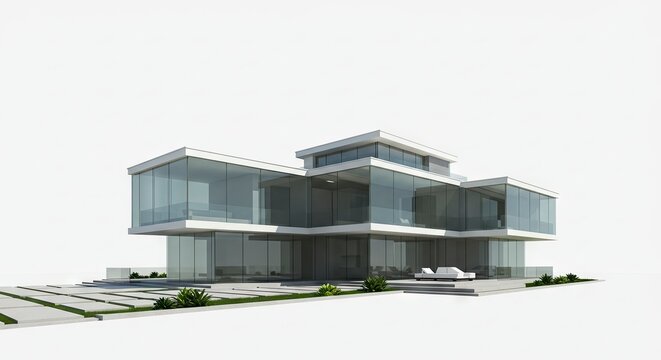 Modern architecture A multilevel glassclad house with minimal landscaping under a bright neutral sky
