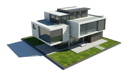 Fototapeta premium Modern house with stacked design large windows concretelike exterior set on a grass lawn with a shadow