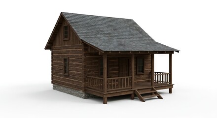 Log cabin with porch gray shingled roof set against a white background