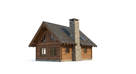 Log cabin with stone chimney and shingle roof windows visible