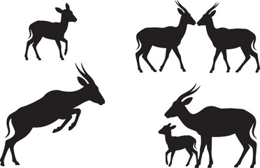 Baby gazelle, adult gazelle, couple gazelles and gazelle with cub vector illustration set