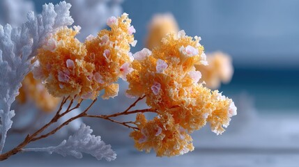 Closeup of Yellow Coral Branch with Delicate White Crystals in Cinematic HDR
