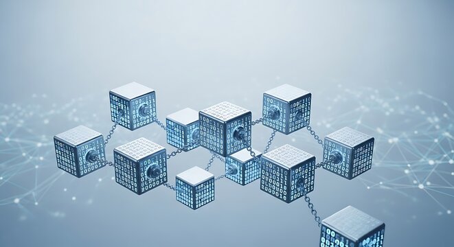 Blockchain network concept with interconnected cubes on a light background.