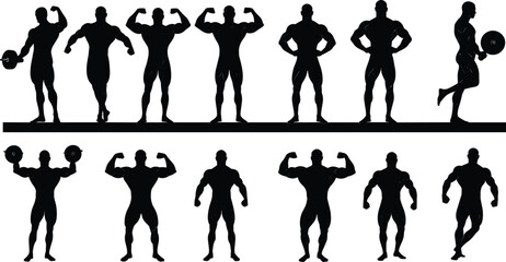 Bodybuilding silhouette vector set, muscular man poses, gym workout illustration, fitness flex icons, strength training, anatomy, athlete, competition