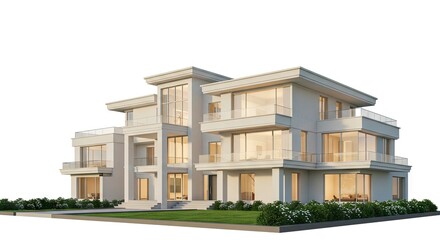 Fototapeta premium Modern building with large windows balconies and a wellmanicured lawn