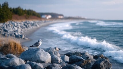 Coastal Bird Resting on Rocks at Beach with Crashing Waves Under Blue Sky