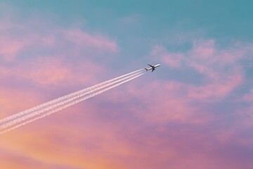 Passenger airplane leaving a contrail against a beautiful pastel colored sky at sunset