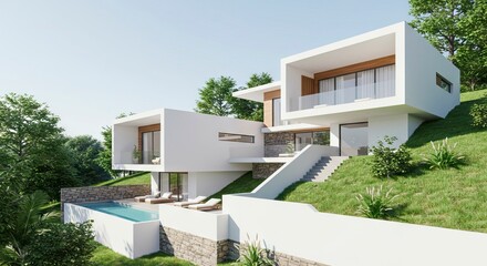 Modern white house with pool built into a grassy hillside on a clear sunny day