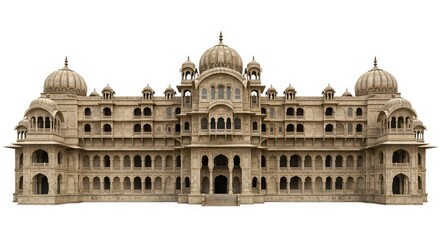 Fototapeta premium Elaborate palace with domes arches and intricate stonework set against a clear white background