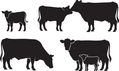 Cattle herd silhouette, cow calf farm animal, bull livestock agriculture mammal