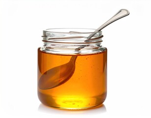 Glass jar of amber liquid with a spoon, isolated on a white background, catching the light with reflective highlights