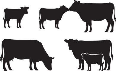 Cattle herd silhouette, cow calf farm animal, bull livestock agriculture mammal