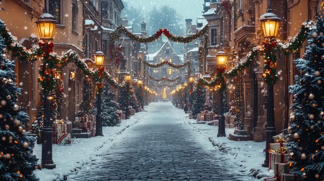 Snowy street scene decorated with colorful christmas lights during winter evening in hyper realistic detail
