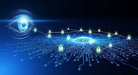 Digital eye observing a network of interconnected security locks, symbolizing data protection and cybersecurity.