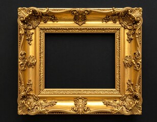 Ornate golden picture frame on a dark backdrop. Intricate scrollwork and floral patterns adorn the frame's corners and sides for a classic look