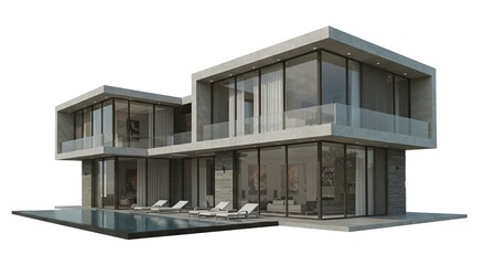 Modern concrete house with large windows pool and deck chairs