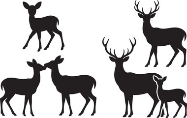 Deer Silhouettes Collection with Adult Deer and Fawn Outlines on Transparent Background