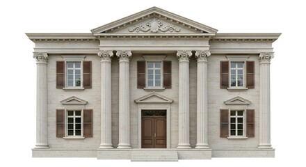 Neoclassical mansion facade with columns windows and triangular pediment