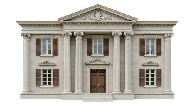 Neoclassical mansion facade with columns windows and triangular pediment