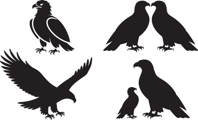 Eagle set silhouette, birds of prey icons, wildlife predator collection, flying hunter animals