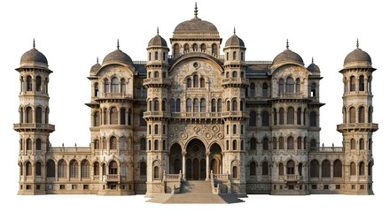 Naklejka premium Grand ornate palace with domes turrets arches stairs and intricate stone details