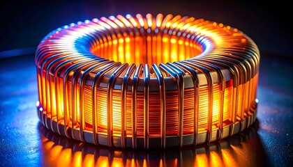A close-up of a glowing copper coil, emitting an orange and yellow light. The design is circular, with a metallic appearance