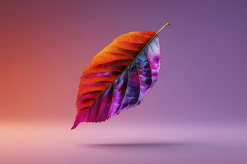 A leaf with a purple and orange color is floating in the air