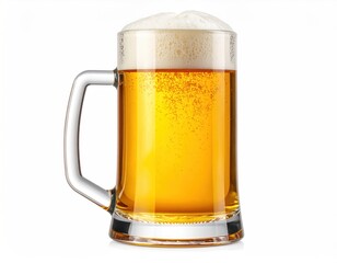 A frosty, clear glass beer mug filled to the brim with golden liquid and a fluffy white head, isolated on a white background