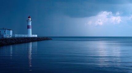 Coastal Lighthouse Under Stormy Skies with Dark Water and Reflective Surface Featuring White and Red Structure in a Serene and Dramatic Seascape